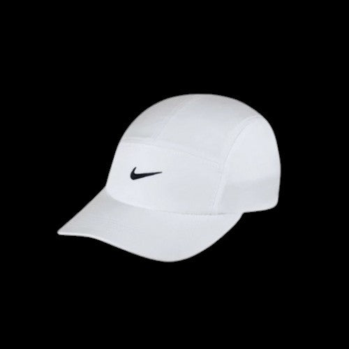 Boné Nike Featherlight Dri-fit preto e branco com logo Swoosh bordado. Ideal para corrida.