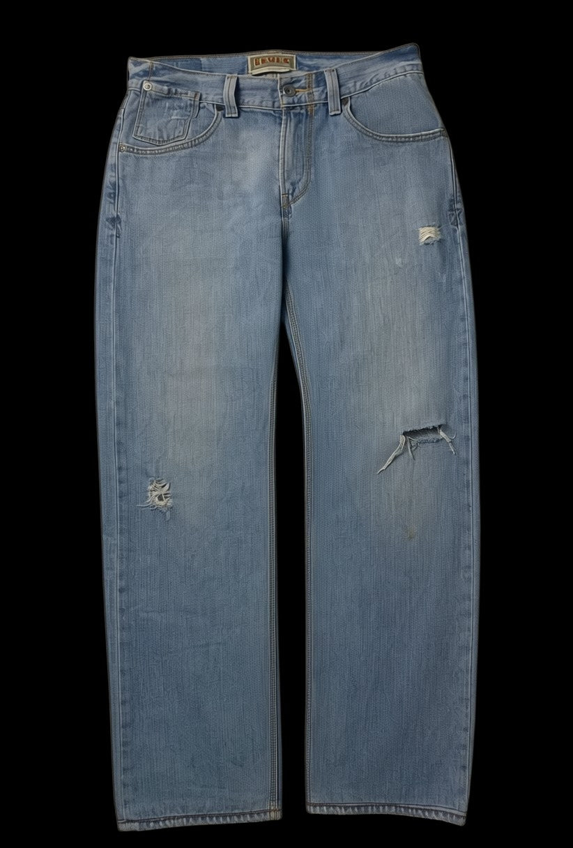 Calça jeans Levis vintage 90s azul clara, com rasgos e desfiados, tamanho 42.
