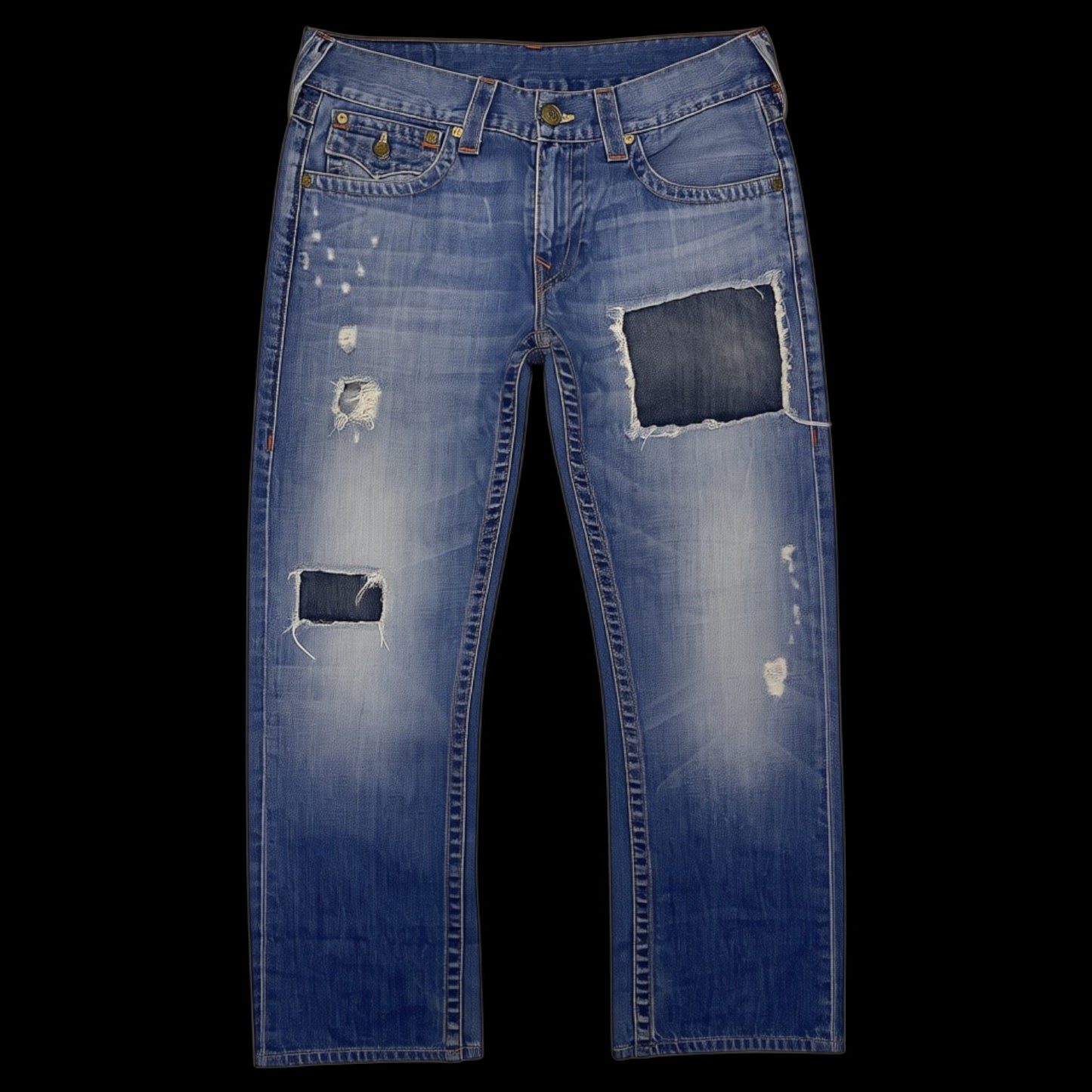 Calça jeans True Religion azul com lavagem desgastada, rasgos e remendos, disponível na garimpo do madruga, tamanho 40.