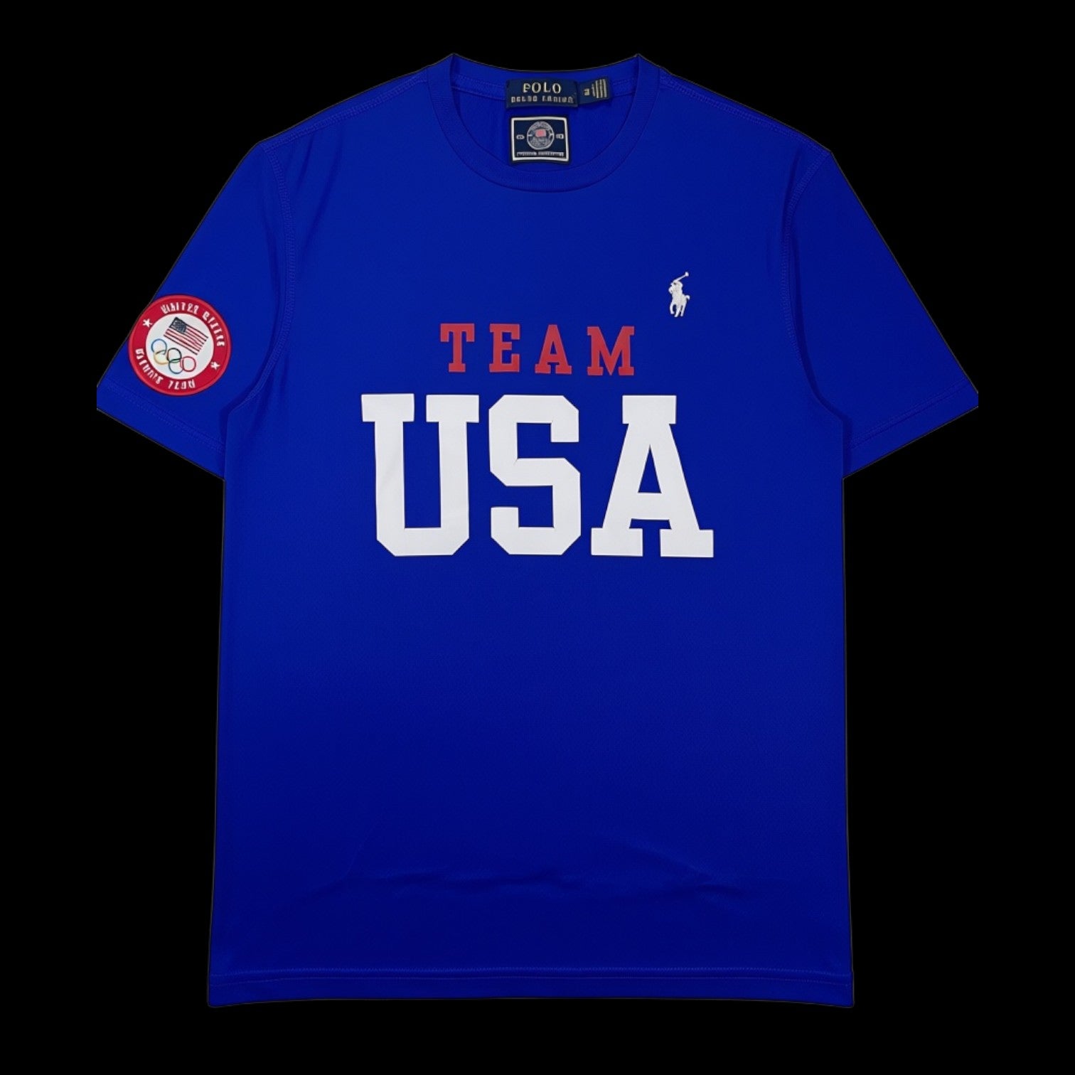 Camisa azul Ralph Lauren Team USA com estampa branca e vermelha e patch olímpico da garimpo do madruga