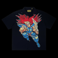 Camisa garimpo do madruga Buzz Rock Animation preta de manga curta com estampa colorida de guerreiro estilo anime