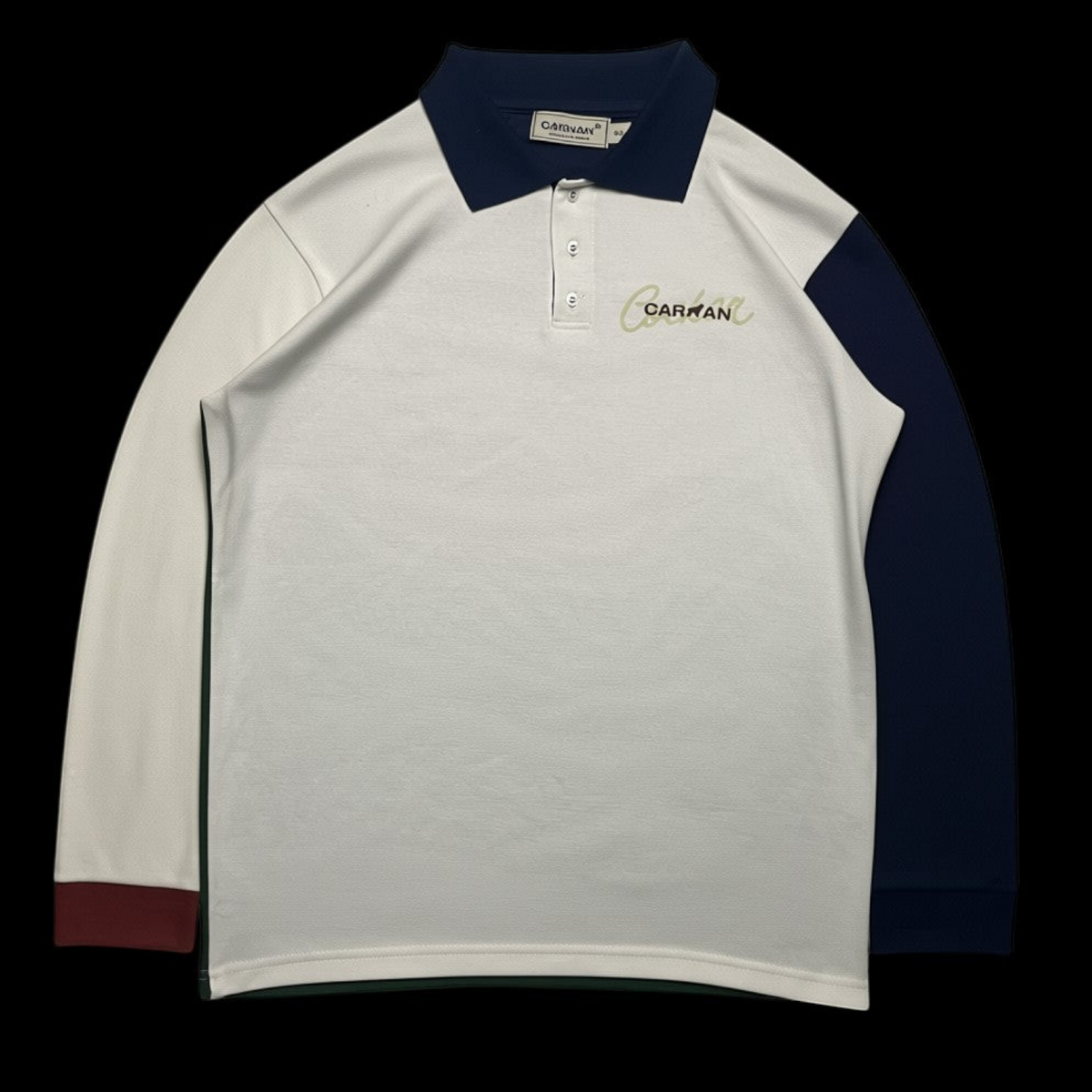 Camisa manga longa Carnan garimpo do madruga em tons de off-white, azul marinho e punho bordô com gola polo