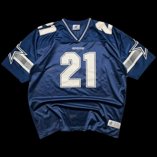 Camisa de futebol americano Dallas Cowboys Sanders 21 azul marinho com detalhes em branco e prata garimpo do madruga