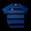 Camisa Lotto Dry Fit azul e preta com listras horizontais em degradê e detalhe amarelo na lateral. Tamanho G.