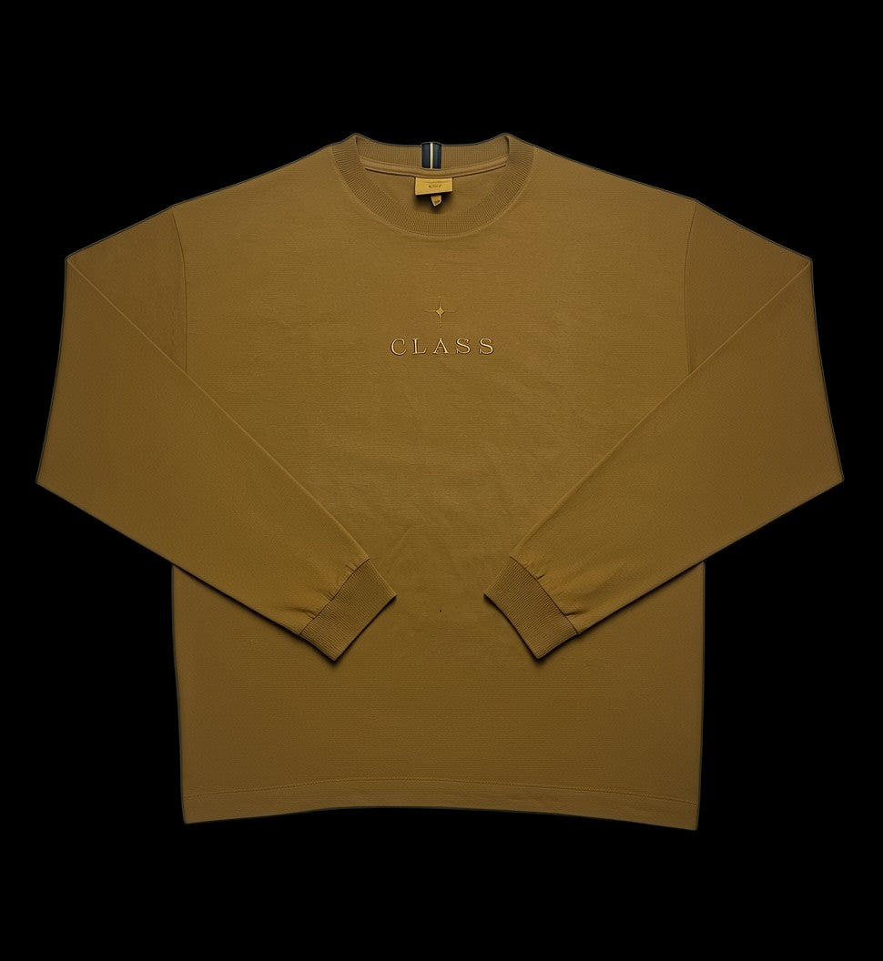 Camisa Class manga longa em algodão cor caramelo, com bordado discreto da marca no peito e detalhes na gola.