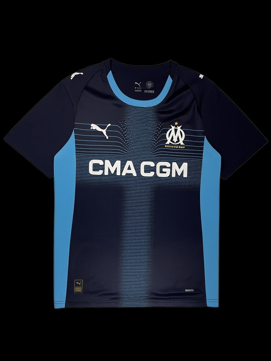 Camisa de futebol Puma X Olympique De Marseille Away 25/26 azul marinho e azul claro, original, tamanho P, garimpo do madruga