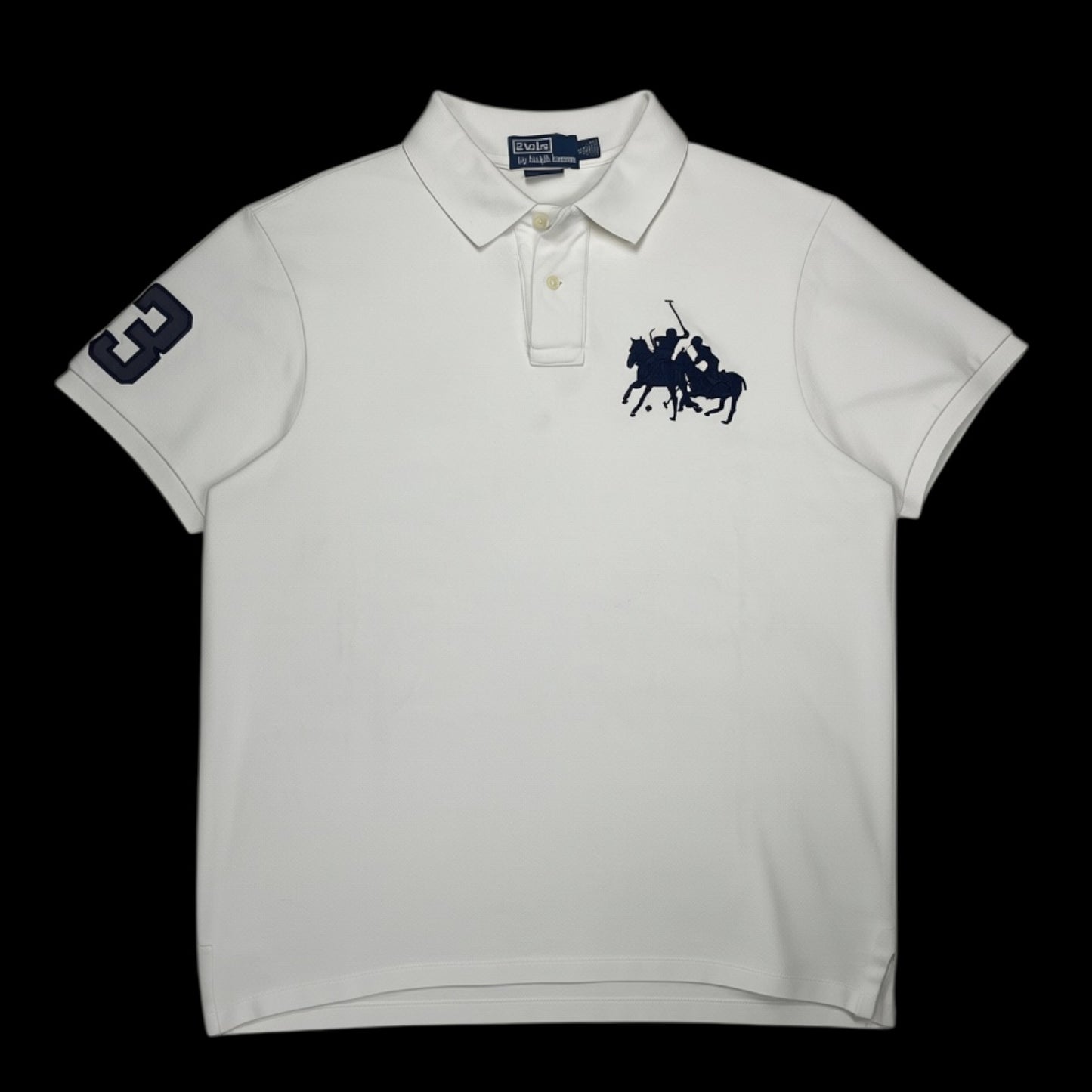 Camisa polo Ralph Lauren branca garimpo do madruga com bordado azul marinho e numero 3 na manga