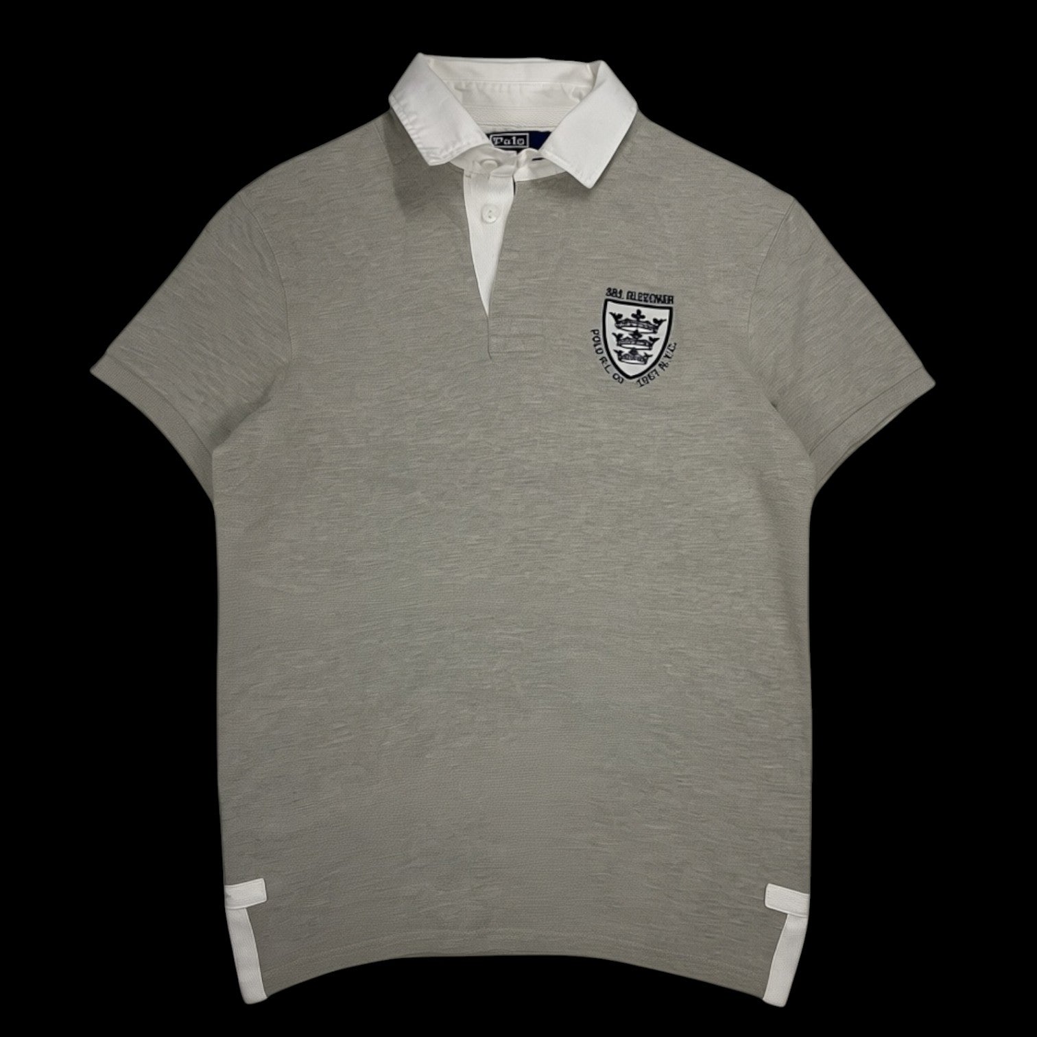 Camisa polo Ralph Lauren Bleecker cinza com gola branca e bordado no peito, garimpo do madruga, tamanho M