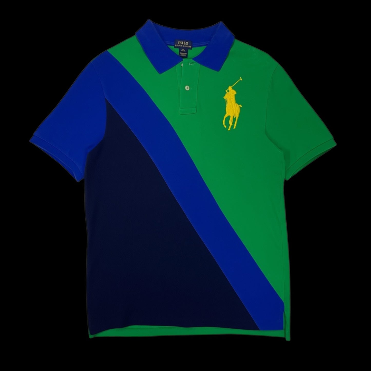 Camisa polo Ralph Lauren garimpo do madruga em blocos de cores verde, azul e marinho com logo amarelo bordado