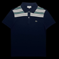 Camisa polo Lacoste azul marinho com detalhes listrados no peito, marca garimpo do madruga, tamanho M.