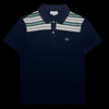 Camisa polo Lacoste azul marinho com detalhes listrados no peito, marca garimpo do madruga, tamanho M.