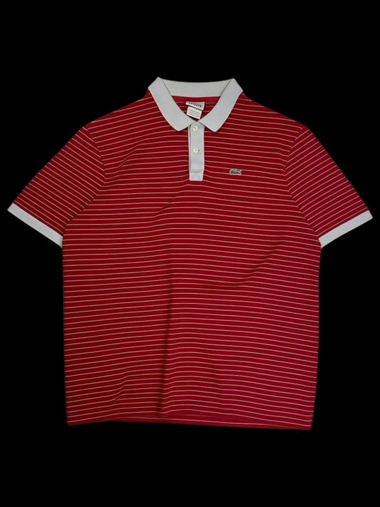 Camisa polo Lacoste vermelha listrada com gola cinza, tamanho GG, disponível no garimpo do madruga.