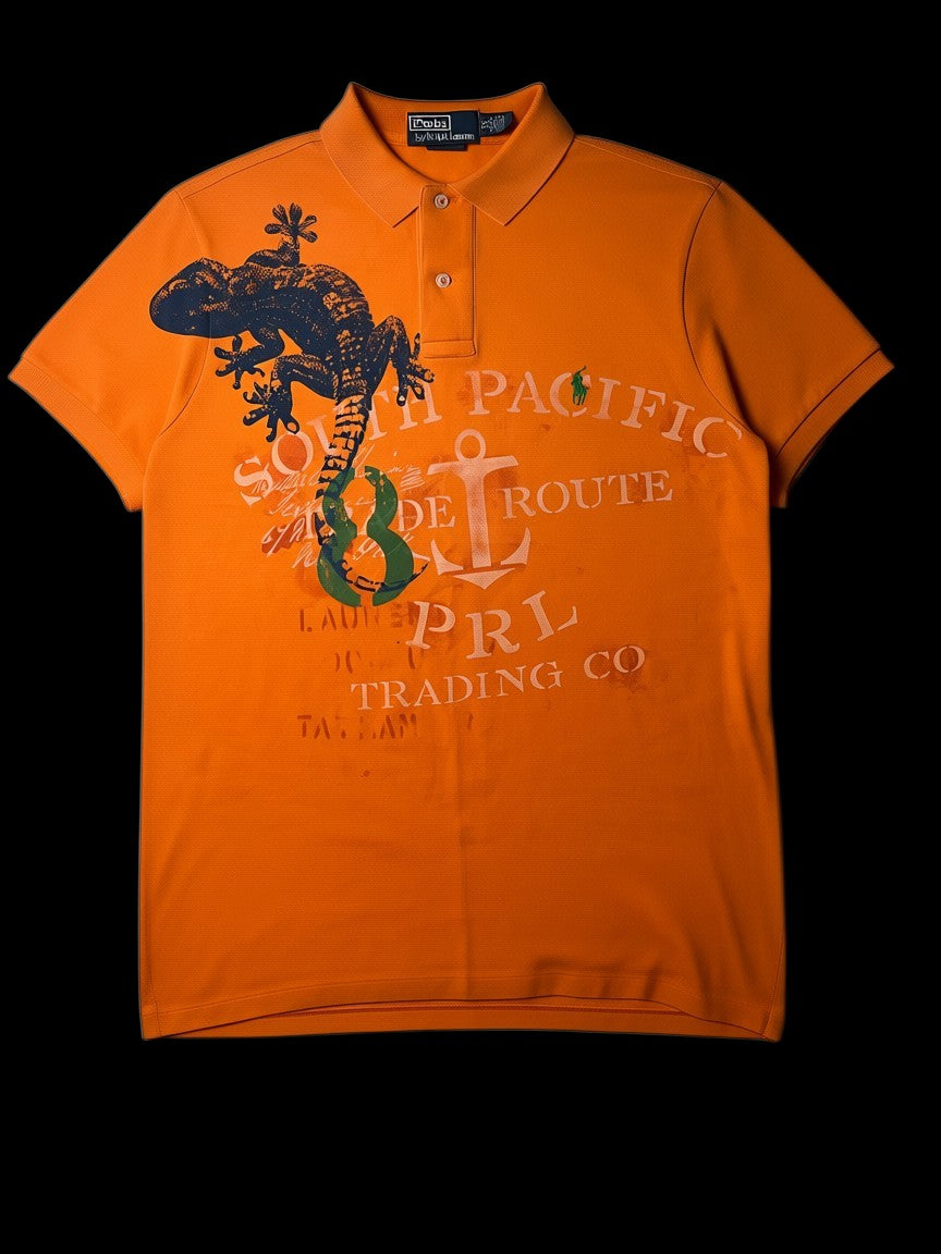 Camisa polo laranja da Ralph Lauren com estampa de lagarto azul e âncora, tamanho M.