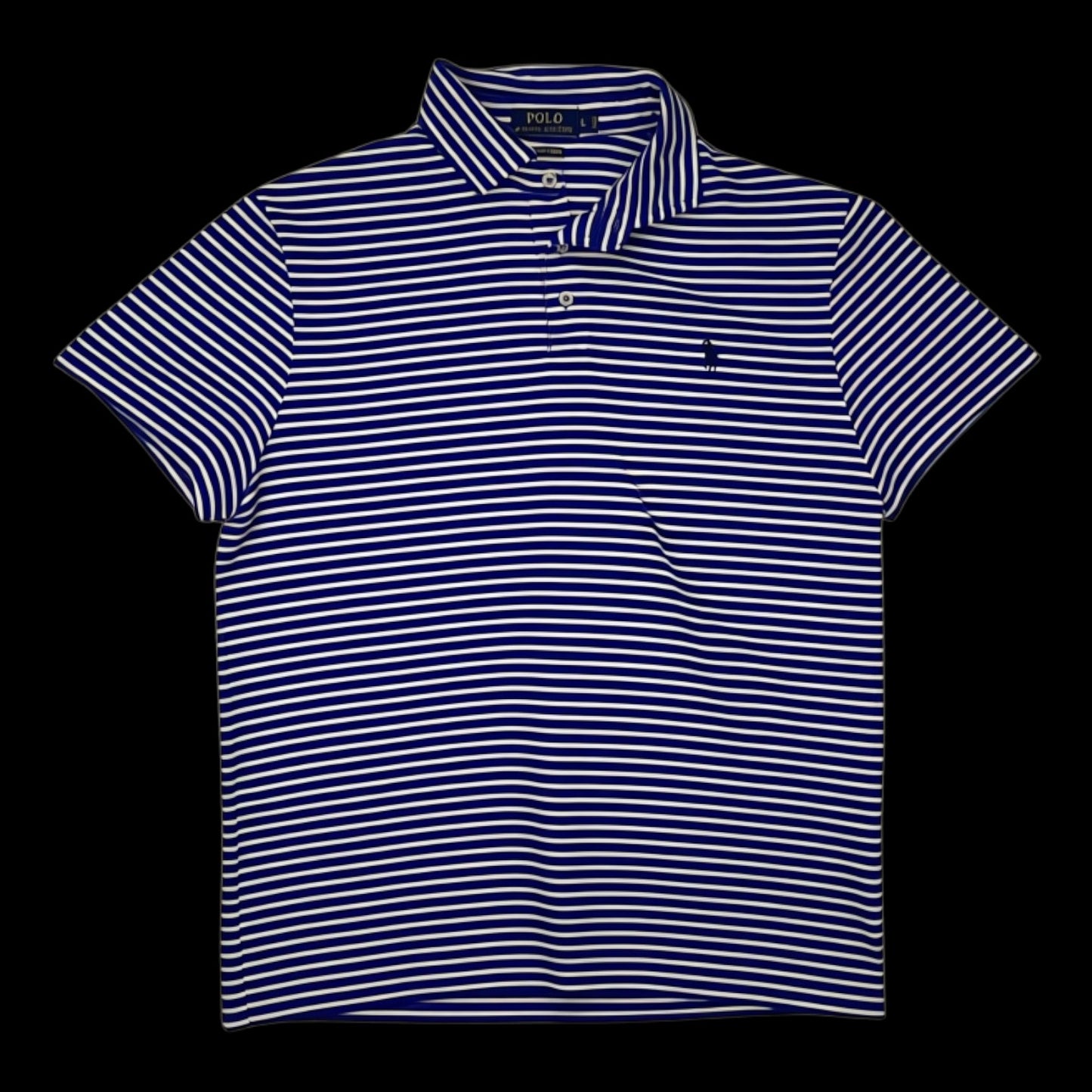 Camisa polo Ralph Lauren listrada azul e branca tamanho G, disponível na garimpo do madruga