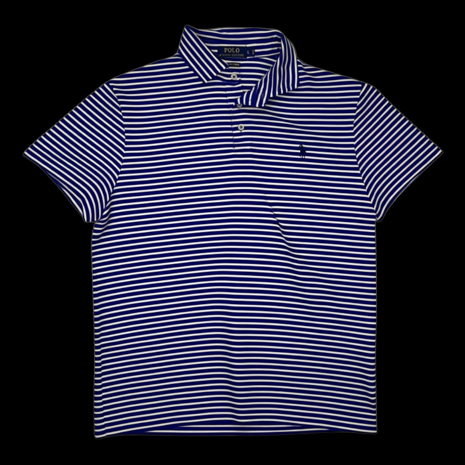 Camisa polo Ralph Lauren listrada azul e branca tamanho G, disponível na garimpo do madruga