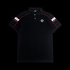 Camisa polo preta Sérgio Tacchini com detalhes em branco e vermelho nas mangas, disponível na garimpo do madruga