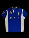 Camisa polo Ralph Lauren PRL Club azul e branca com bordados dourados, disponível no garimpo do madruga