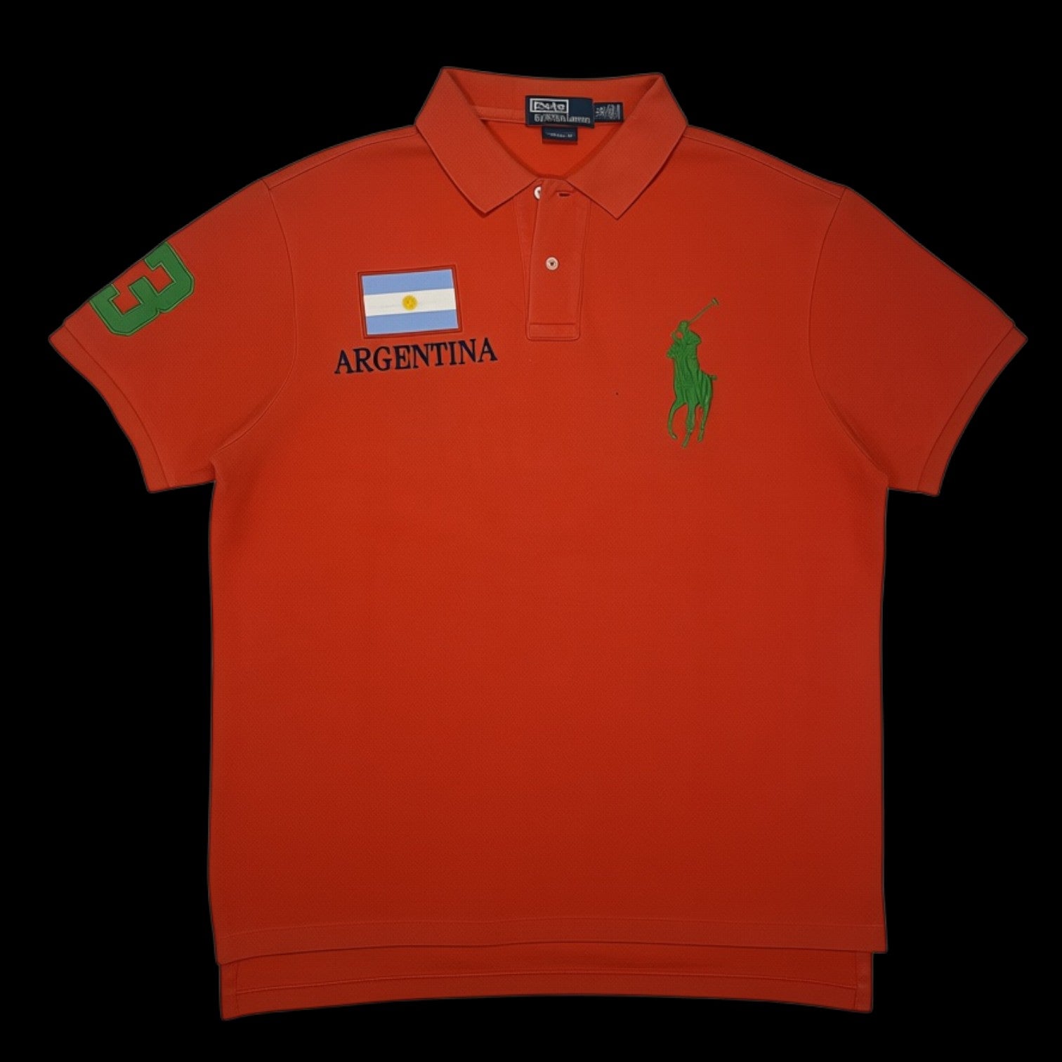 Camisa polo garimpo do madruga Ralph Lauren laranja com bordado Argentina, bandeira e número 3 na manga, tamanho GG