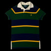 Camisa polo Ralph Lauren listrada em verde, azul marinho e amarelo, com logo de pônei bordado. Tamanho P.