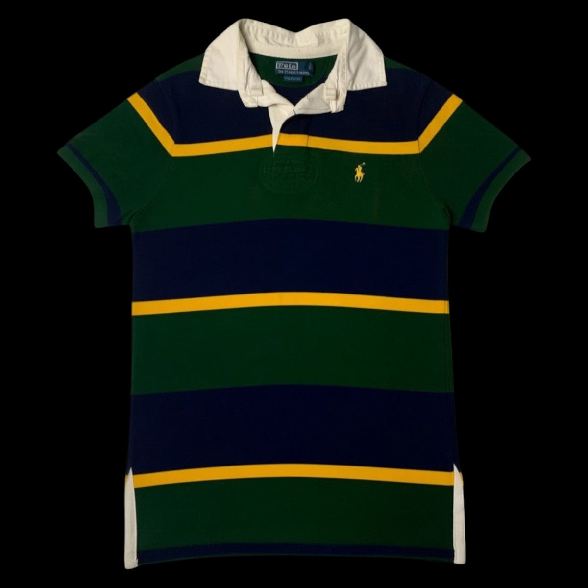 Camisa polo Ralph Lauren listrada em verde, azul marinho e amarelo, com logo de pônei bordado. Tamanho P.