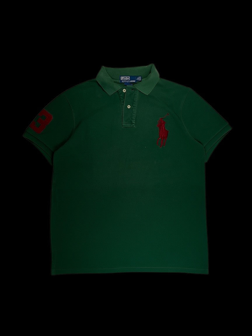 Camisa polo Ralph Lauren verde com bordado vermelho da garimpo do madruga, tamanho G em excelente estado.