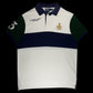 Camisa polo Ralph Lauren garimpo do madruga branca com detalhes em azul marinho e verde, tamanho GG, estilo esportivo