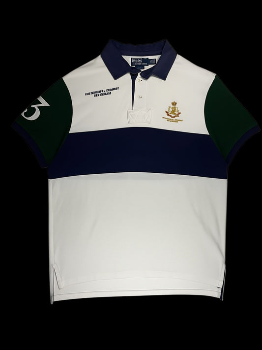 Camisa polo Ralph Lauren garimpo do madruga branca com detalhes em azul marinho e verde, tamanho GG, estilo esportivo