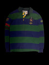 Camisa polo rugby Ralph Lauren garimpo do madruga listrada em azul e verde com brasão bordado e detalhes em amarelo
