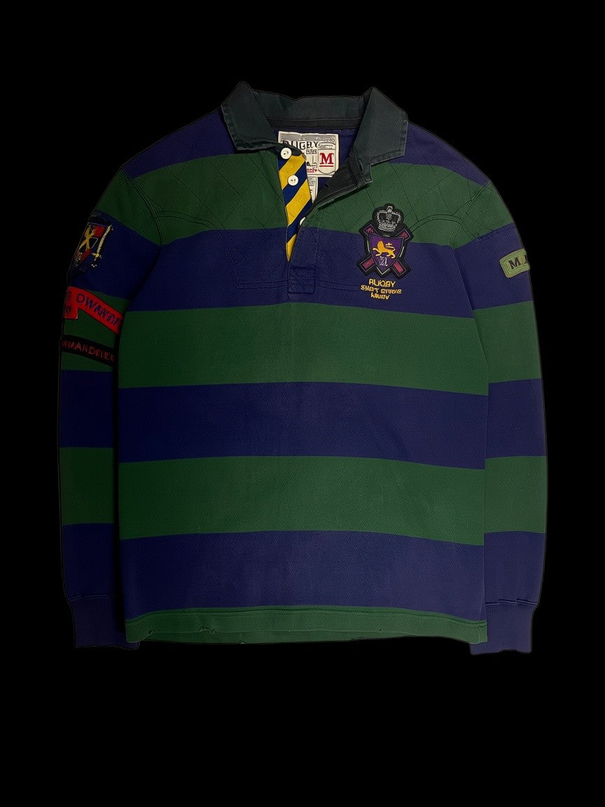 Camisa polo rugby Ralph Lauren garimpo do madruga listrada em azul e verde com brasão bordado e detalhes em amarelo