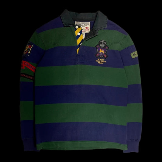 Camisa polo rugby Ralph Lauren garimpo do madruga listrada em azul e verde com brasão bordado e detalhes em amarelo