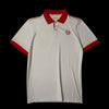 Camisa polo branca masculina Sérgio Tacchini com gola e punhos vermelhos, logo bordado e detalhes em vermelho nas mangas. Tamanho M.
