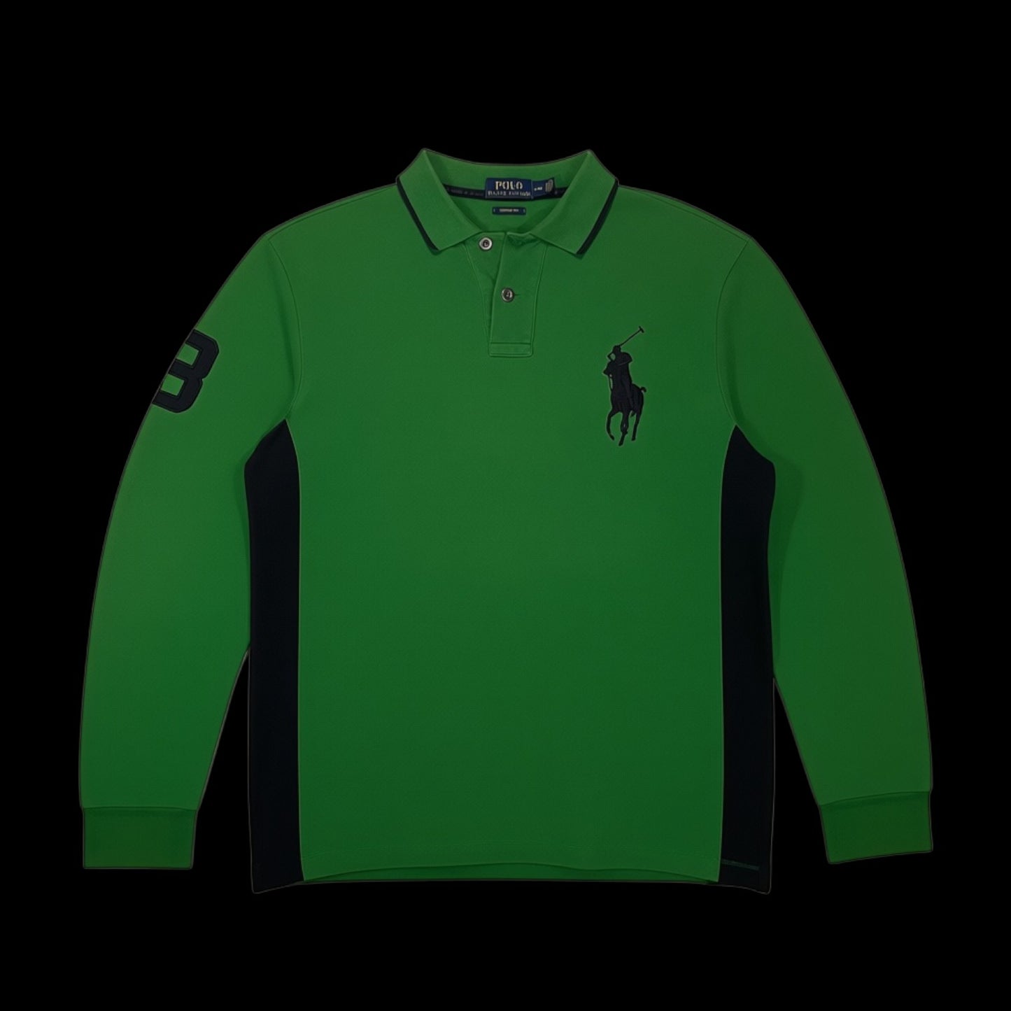Camisa polo manga longa Ralph Lauren verde com detalhes pretos e logo bordado, garimpo do madruga, tamanho GG