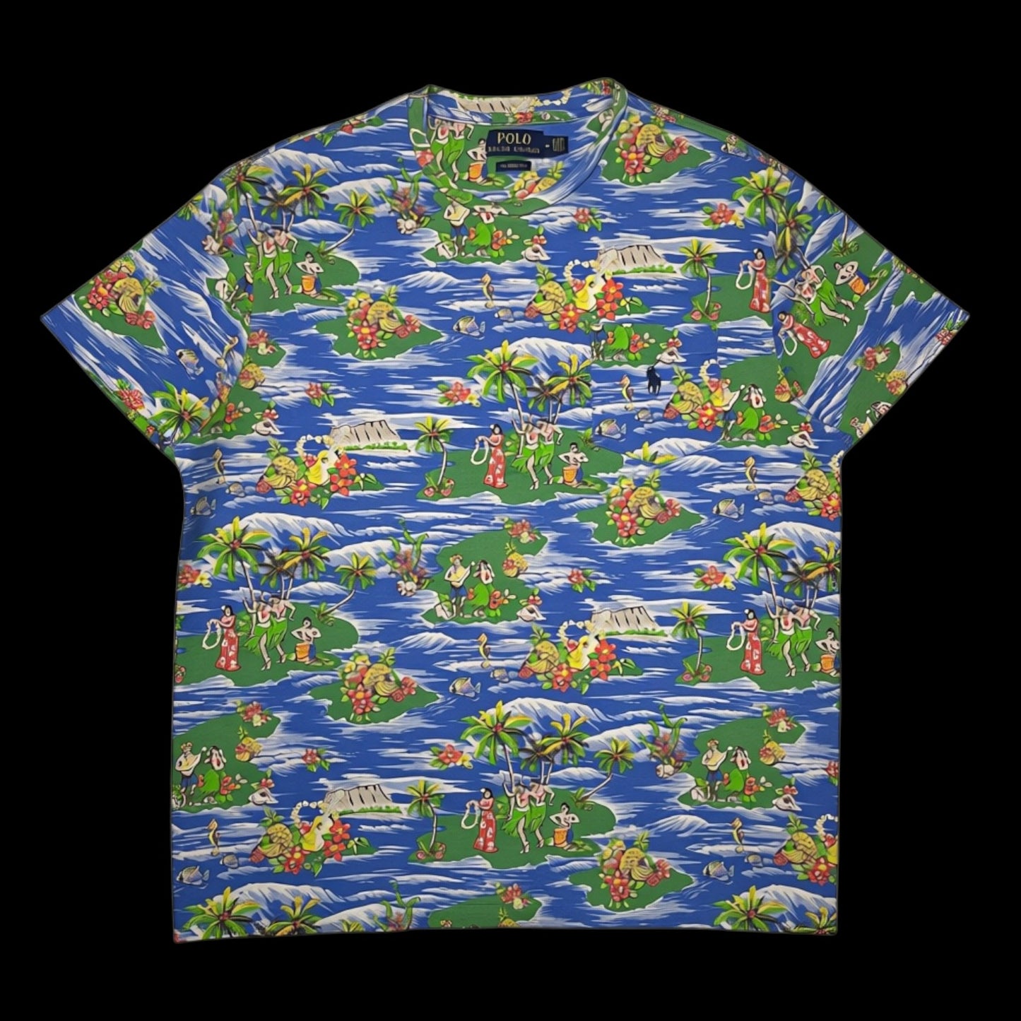 Camisa Ralph Lauren do garimpo do madruga com estampa tropical colorida de ilhas e hula em fundo azul, tamanho M