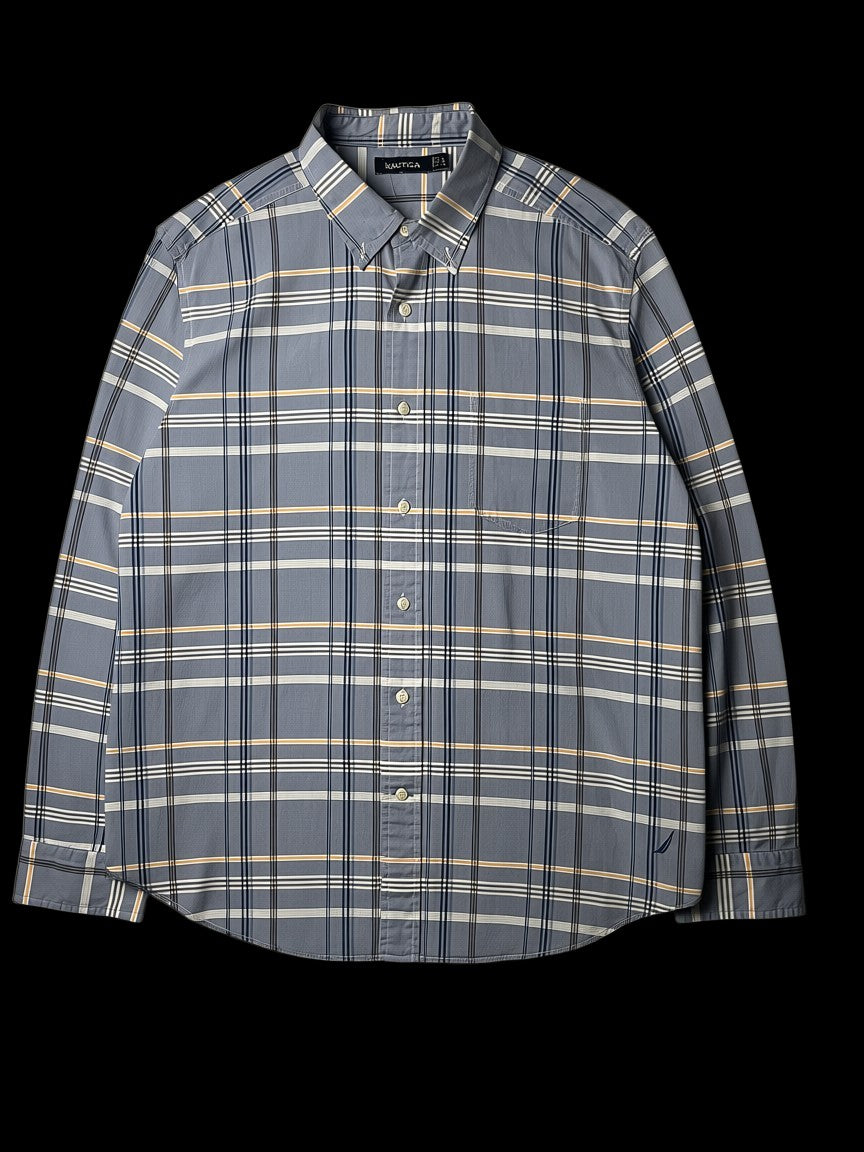 Camisa social masculina Nautica xadrez azul clara com detalhes em branco, azul marinho e laranja. Tamanho GG.