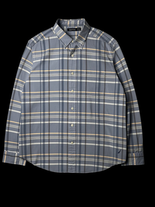 Camisa social masculina Nautica xadrez azul clara com detalhes em branco, azul marinho e laranja. Tamanho GG.