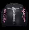 Camiseta preta de manga comprida da Hellstar com estampa de QR code de Jesus Cristo no centro e logo Hellstar nas mangas. Tamanho G.