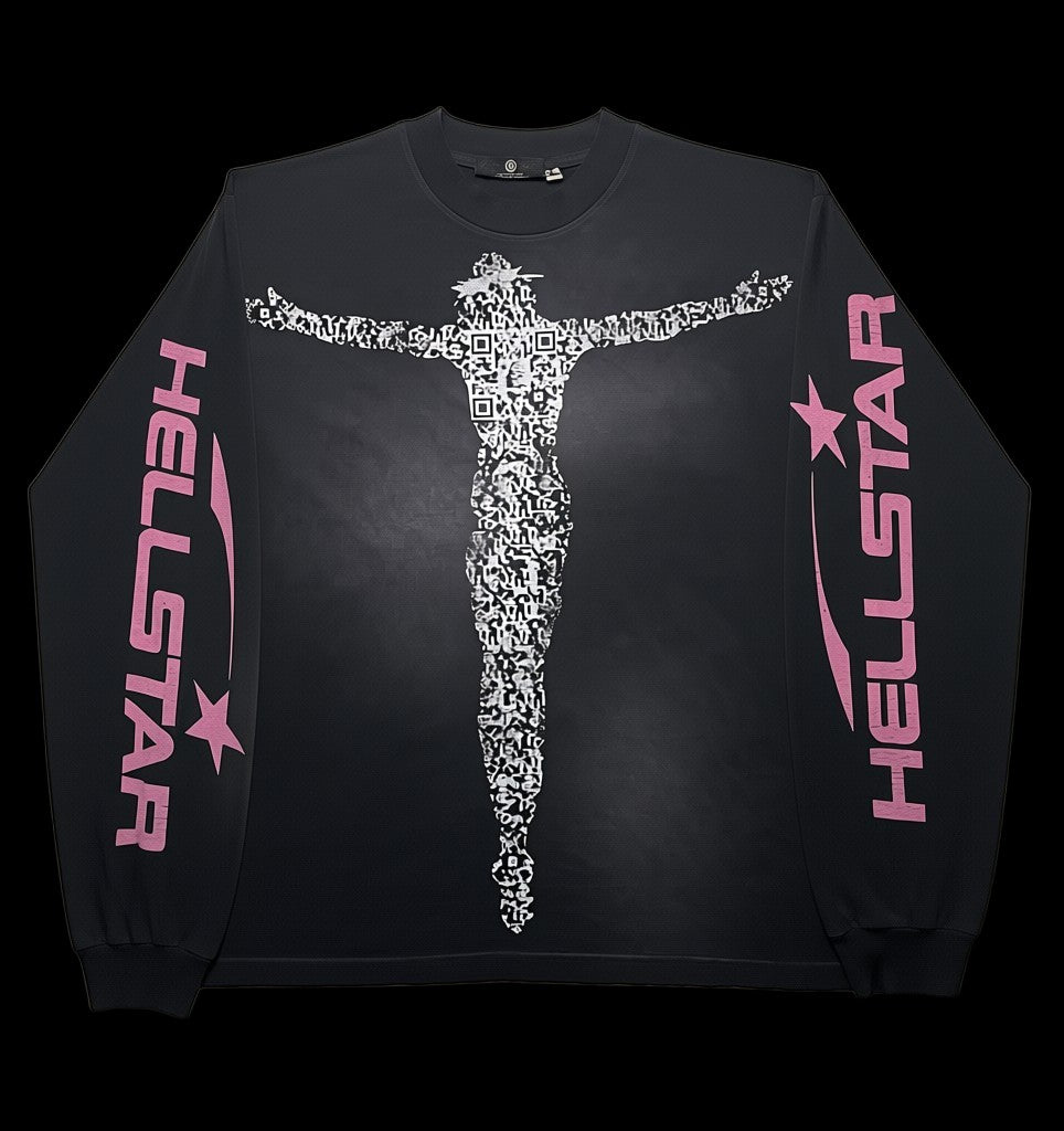 Camiseta preta de manga comprida da Hellstar com estampa de QR code de Jesus Cristo no centro e logo Hellstar nas mangas. Tamanho G.