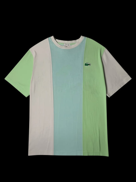 Camiseta color block verde e azul pastel com logo da Lacoste bordado, tamanho M, 9/10