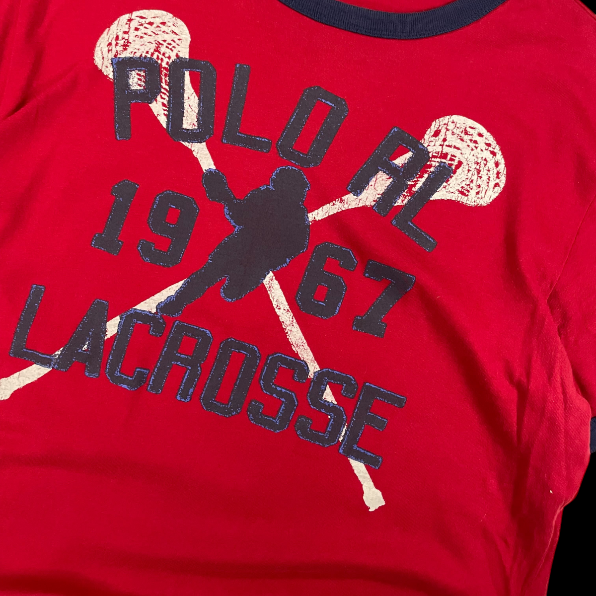 Camiseta vintage garimpo do madruga Ralph Lauren vermelha estilo ringer com estampa de lacrosse 1967