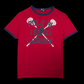 Camiseta ringer vermelha garimpo do madruga com estampa vintage de lacrosse Polo RL 1967 e detalhes em azul marinho