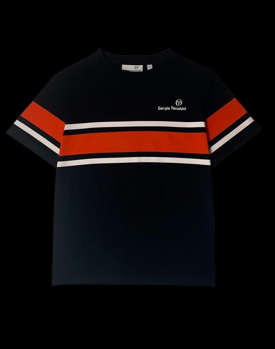 Conjunto Sérgio Tacchini preto com listras laranja e brancas nas mangas e peito. Tamanho P.