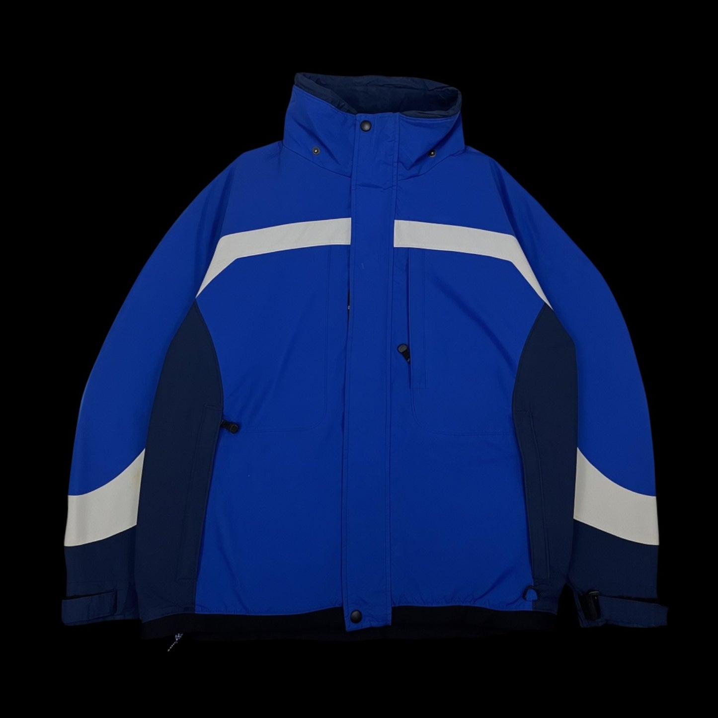 Jaqueta Columbia Windbreak impermeável azul com detalhes em cinza e marinho, tamanho G, garimpo do madruga