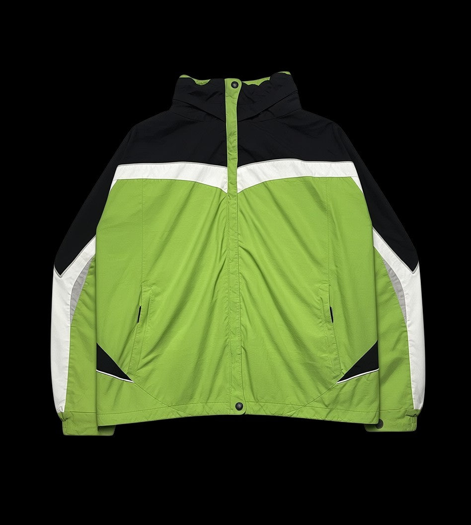 Jaqueta Columbia Windbreak verde limão com detalhes em preto, branco e prata. Tamanho XL.