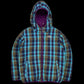Jaqueta dupla face The North Face da garimpo do madruga com estampa xadrez azul e roxa, tamanho P