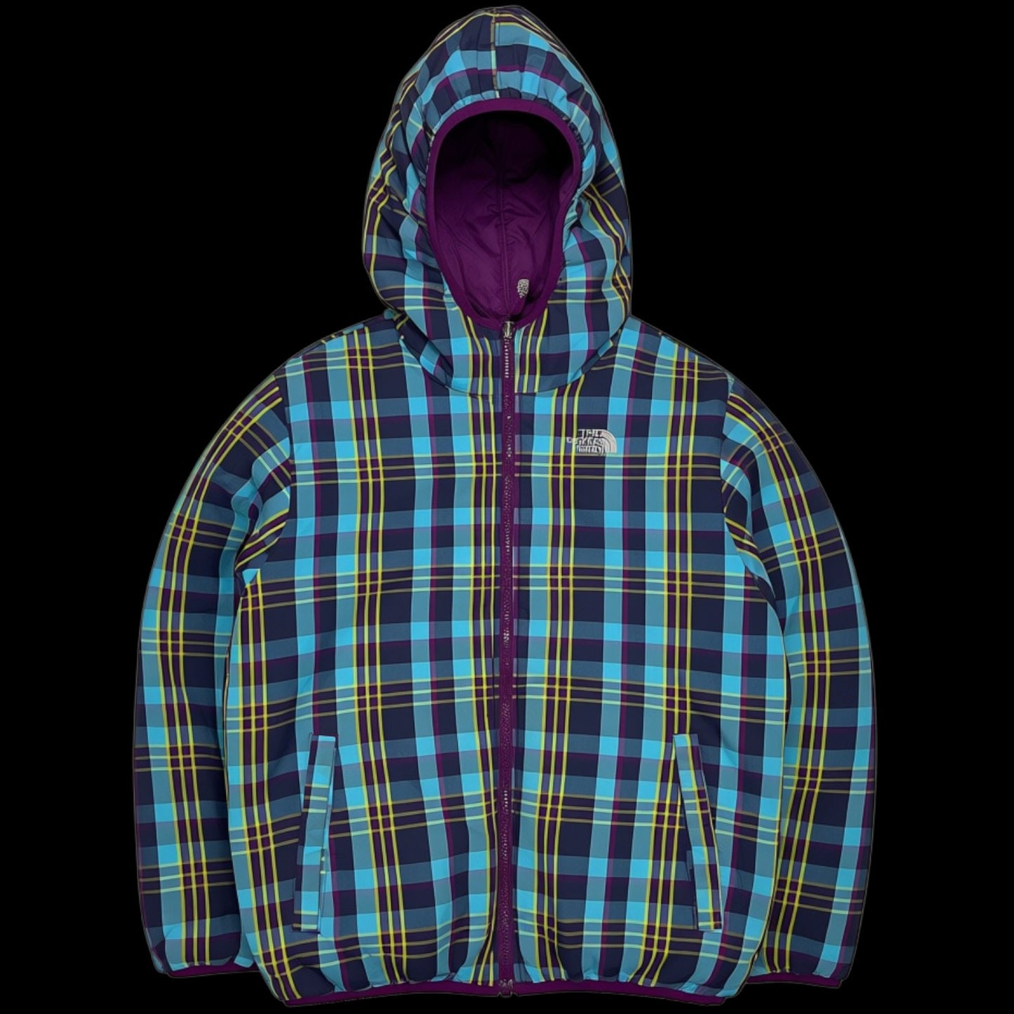 Jaqueta dupla face The North Face da garimpo do madruga com estampa xadrez azul e roxa, tamanho P