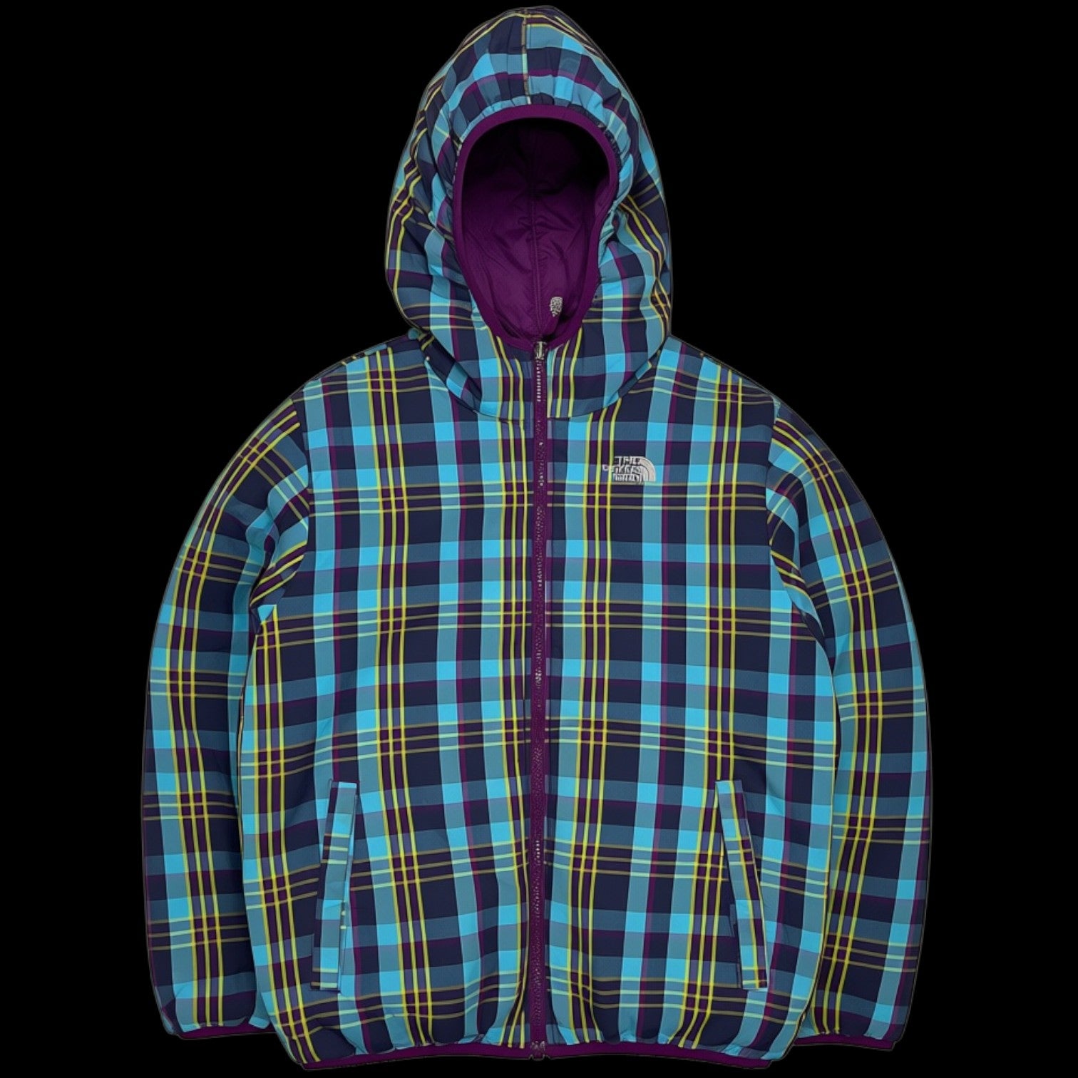 Jaqueta dupla face The North Face da garimpo do madruga com estampa xadrez azul e roxa, tamanho P
