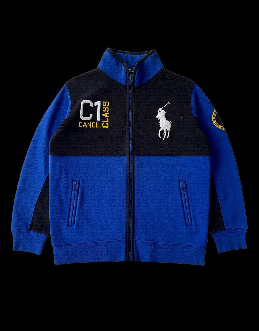 Jaqueta fleece garimpo do madruga Ralph Lauren azul e preta com bordado C1 Class e logo de jogador de polo branco