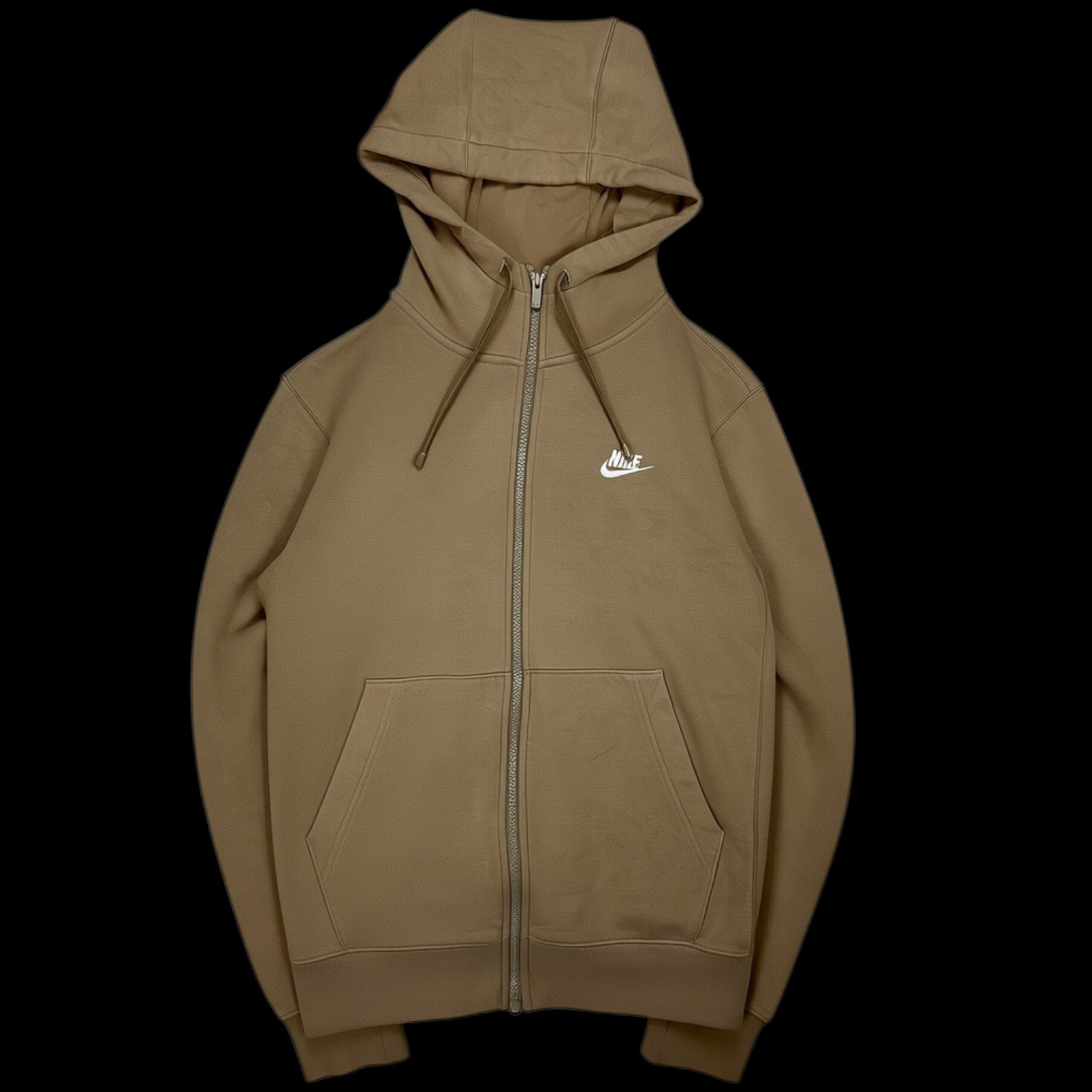 Jaqueta Nike Sportswear bege com capuz e zíper frontal, disponível no garimpo do madruga, tamanho P em ótimo estado.