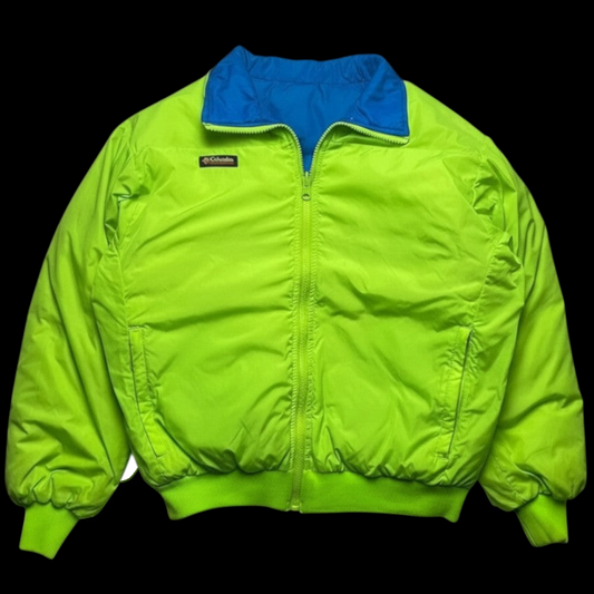 Jaqueta puffer dupla face Columbia garimpo do madruga em verde neon e azul, modelo com zíper e punhos elásticos.