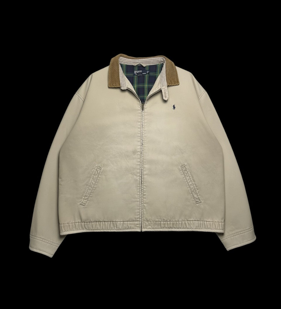 Jaqueta bege de sarja vintage Ralph Lauren 90s com gola de veludo cotelê e forro xadrez. Logo do pônei bordado no peito.